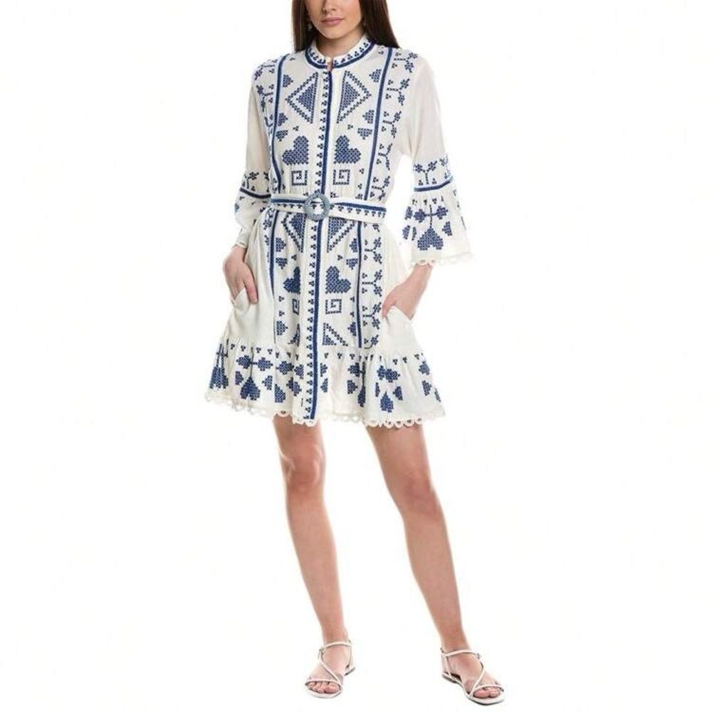 Farm Rio White and Blue Coastal Vacation Belted Linen Blend Mini Dress Large